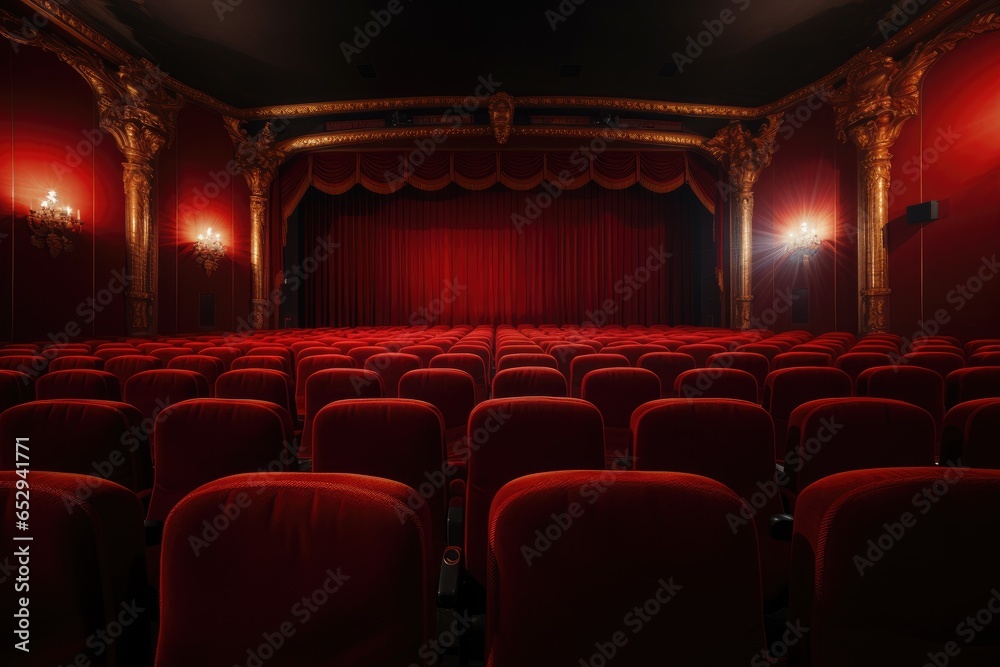 Poster A theater with red seats and a red curtain. Perfect for showcasing the elegance of a theater or for adding a dramatic touch to any design.