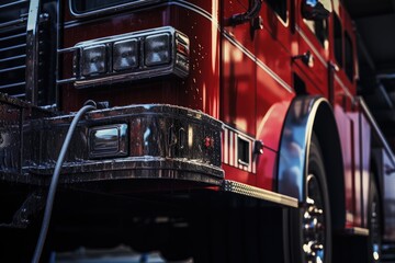 A red fire truck parked inside a garage. Suitable for illustrating emergency services, fire department, or transportation themes. - Powered by Adobe