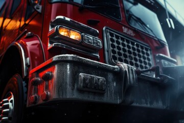 A red fire truck is parked on the street. This image can be used to depict emergency services, firefighting, or urban scenes.
