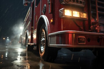 A red fire truck is captured in motion as it drives down a street at night. This image can be used to depict emergency response, firefighting, or urban city scenes. - obrazy, fototapety, plakaty