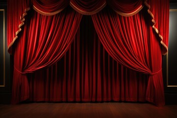 A stage with a red curtain and gold trim. Perfect for theatrical productions, concerts, and events.