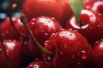 A detailed view of a bunch of cherries covered in water droplets. This image captures the freshness and vibrancy of the cherries. Perfect for food and beverage-related designs or health and wellness c