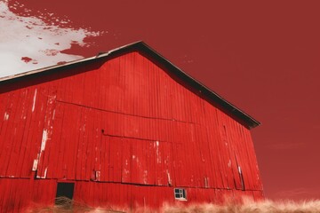 A picture of a red barn with a red sky in the background. Suitable for agricultural or rural-themed projects.