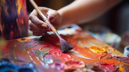 Cropped image of artist woman's hand drawing an oil color on canvas by paint brush.generative ai