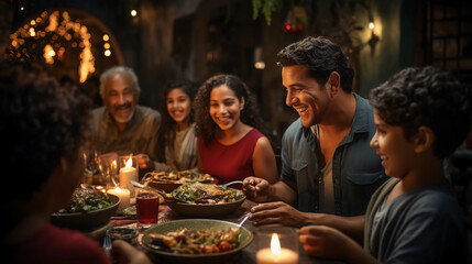 familias latinas cenando en casa disfrutando de la cena navideña en familia muy felices y pasando tiempo juntos 24 de diciembre - obrazy, fototapety, plakaty