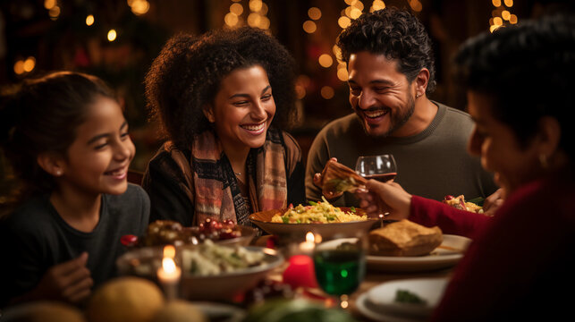 familias latinas cenando en casa disfrutando de la cena navide&ntilde;a en familia muy felices y pasando tiempo juntos 24 de diciembre