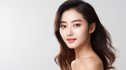 Beautiful young Asian woman with clean and fresh skin on a white background. Facial care, beautification, beauty, and spa