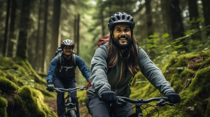 Enthusiastic young couple riding bicycles on a forest road in the mountains on a spring day. - obrazy, fototapety, plakaty