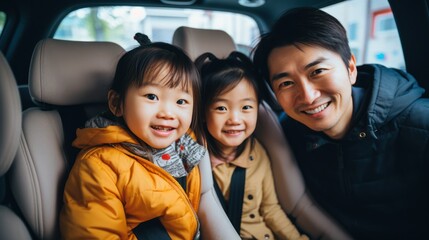 Asian family Happy little girl with family sitting in car car insurance concept