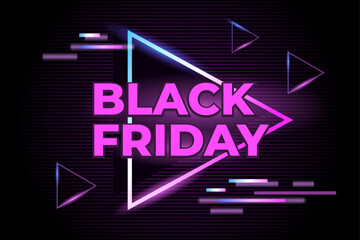 Black Friday banner with pink text on black striped background with triangle with neon glow. Design for invitations and cards. Vector illustration.