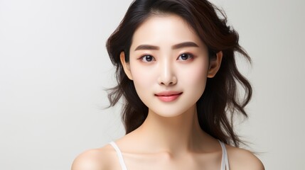 Fototapeta premium Beautiful young Asian woman with clean and fresh skin on a white background. Facial care, beautification, beauty, and spa
