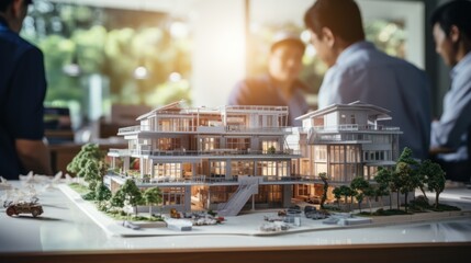 Fototapeta premium Civil engineers and architect inspectors discuss brainstorming, inspections, inspections, and advice regarding home building or real estate projects.
