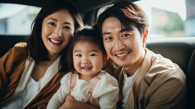 Asian Family Happy Little Girl With Family Sitting In Car Car Insurance Concept