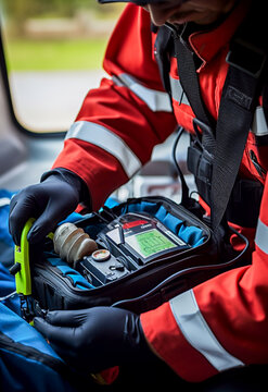 Close up on the hands of a paramedic using a defibrillator