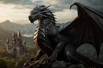 Fantasy black dragon sittin on arock with medieval castle in the background - Powered by Adobe