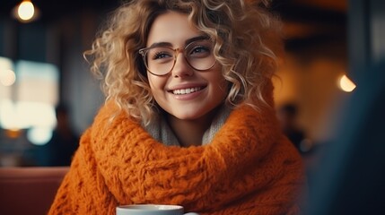 Enjoying a cup of coffee at home. Smiling. A beautiful girl drinks hot tea in winter. Excited woman wearing glasses and a sweater and laughing on an autumn day - obrazy, fototapety, plakaty