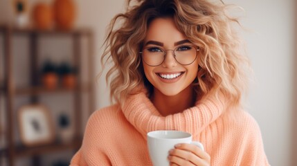 Enjoying a cup of coffee at home. Smiling. A beautiful girl drinks hot tea in winter. Excited woman wearing glasses and a sweater and laughing on an autumn day - obrazy, fototapety, plakaty