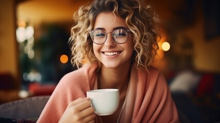 Enjoying a cup of coffee at home. Smiling. A beautiful girl drinks hot tea in winter. Excited woman wearing glasses and a sweater and laughing on an autumn day