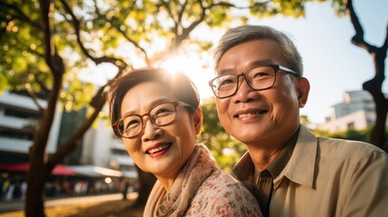 Fototapeta premium Happy elderly couple hugging each other Take care and love with a good relationship. Good health and romance in the park, retirement insurance, and cute couple ideas.