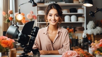 Asian girl, makeup artist, professional girl, blogger, vlogger, showing cosmetic products with video recording. Beauty influencer, Asian girl video