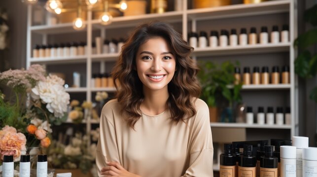 Asian girl, makeup artist, professional girl, blogger, vlogger, showing cosmetic products with video recording. Beauty influencer, Asian girl video