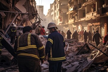 firefighter helping people in the destroyed town after earthquake. - obrazy, fototapety, plakaty