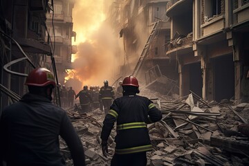firefighter helping people in the destroyed town after earthquake.