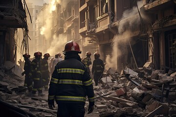 firefighters helping people in a destroyed town.  - obrazy, fototapety, plakaty