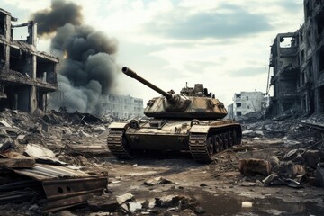 modern tank in destroyed town.  - obrazy, fototapety, plakaty