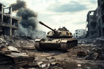 Foto op Canvas modern tank in destroyed town.  © CreativeCreations