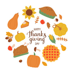 Thanksgiving greeting card design. Vector set of autumn elements with roast turkey, pumpkin, food, corn, pie.