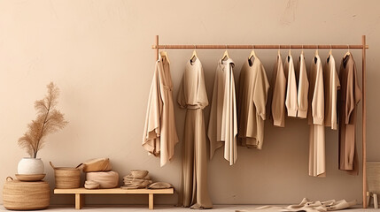Clothes on grunge background, shelf on cream background. Collection of clothes hanging on a rack in neutral beige colors, store and bedroom concept