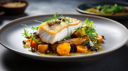 food photography Roasted Danish Skrei cod fish fillet with pumpkin, herb mushroom and salad, copy space, 16:9 - obrazy, fototapety, plakaty