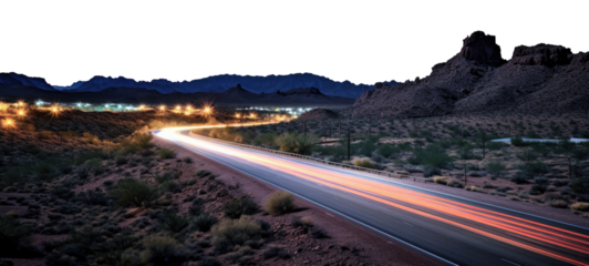 vast desert highway. transparent PNG background. light trails on a old desert highway. city skyline lights at twilight. 