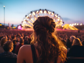 Woman seen from behind at a concert with bright lights and a crowd - fun, joy, music, dance