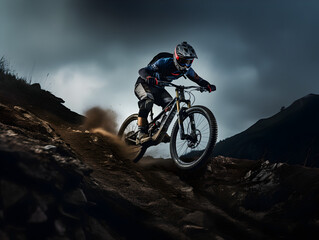 Mountainbiker going fdast downhill with dirt getting blown in the air behind him - exercise, mountain, biking