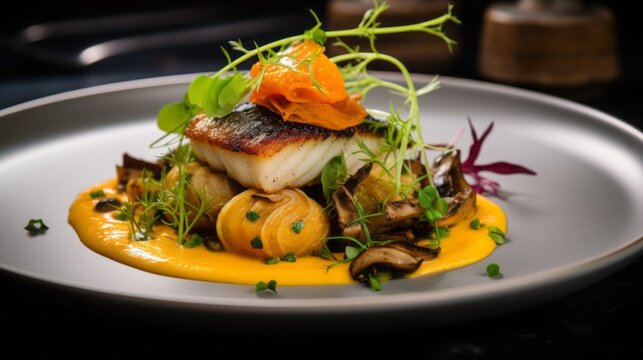 food photography Roasted Danish Skrei cod fish fillet with pumpkin, herb mushroom and salad, copy space, 16:9