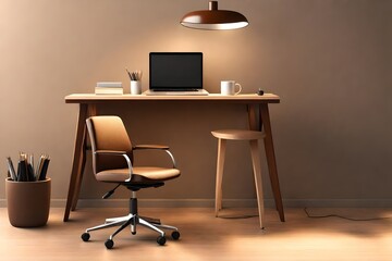 Brown desk with laptop lamp and office chair isolated near the wall . 