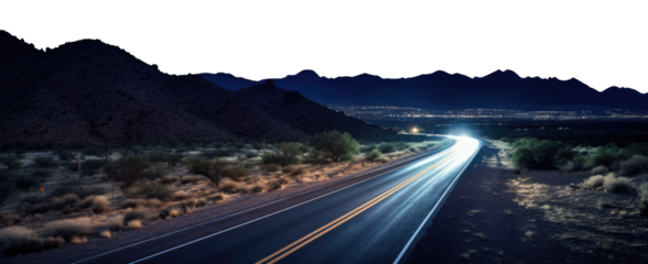 vast desert highway. transparent PNG background. car light trails on a New Mexico desert highway at night. city lights.