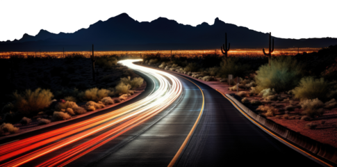 vast desert highway. transparent PNG background. light streaks on a desert highway. city lights at night.