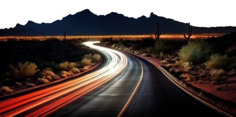 Gordijnen vast desert highway. transparent PNG background. light streaks on a desert highway. city lights at night. © ana