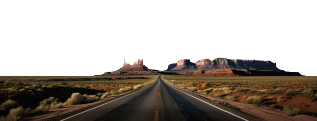 vast desert highway. transparent PNG background. early morning Arizona old cracked highway. 