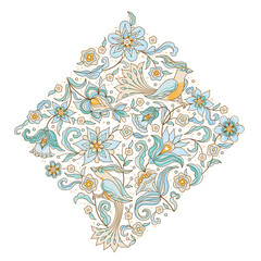 Floral pattern with birds, vignette, border, card design. Element with birds flowers in Eastern style. Ornate decoration, floral illustration. Arabic ornament. Isolated ornamental decoration