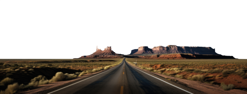 vast desert highway. transparent PNG background. early morning Arizona old cracked highway. 