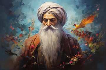 Iranian-style painting of the face of Mawlana Jalal al-Din Muhammad known as Rumi. - obrazy, fototapety, plakaty