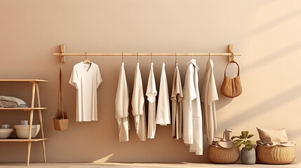 Clothes on grunge background, shelf on cream background. Collection of clothes hanging on a rack in neutral beige colors, store and bedroom concept