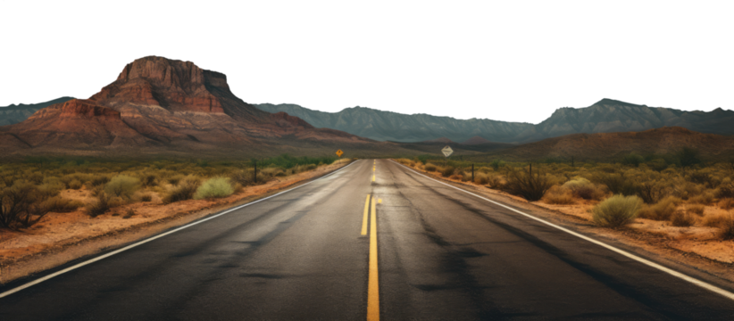 vast desert highway. transparent PNG background. cracked road. mountain range. arizona highway. 