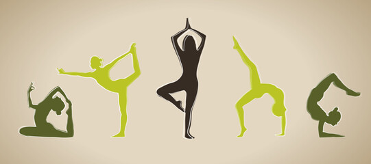 set of icons of girls doing yoga, minimalism style