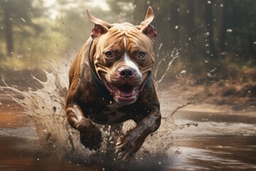 A picture capturing the joyful moment of a dog running through a puddle of water. Perfect for illustrating energy, playfulness, and the love for outdoor activities. Ideal for use in pet-related articl
