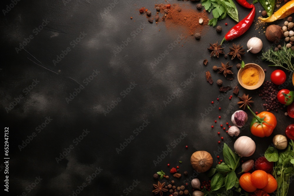 Poster A diverse selection of different types of food arranged on a black table. This image can be used to showcase a wide range of dishes and cuisines.